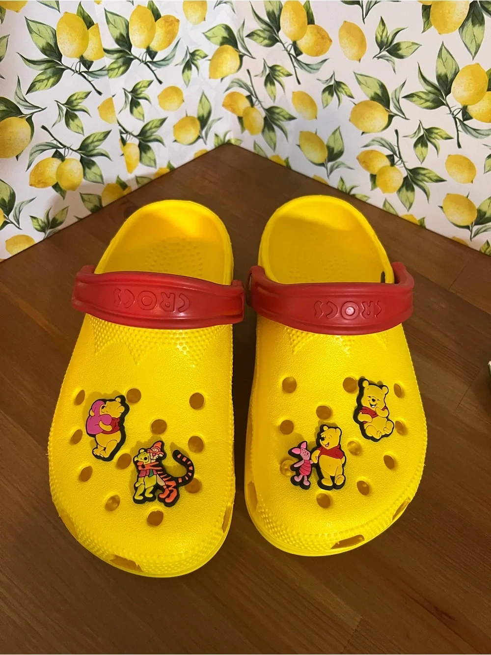 Kids Yellow Foam Clogs with Red Strap featuring Winnie the Pooh Characters